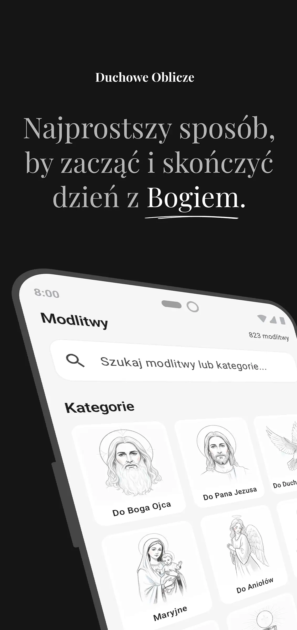Ekran wyszukiwania modlitw z paskiem wyszukiwania i kafelkami kategorii