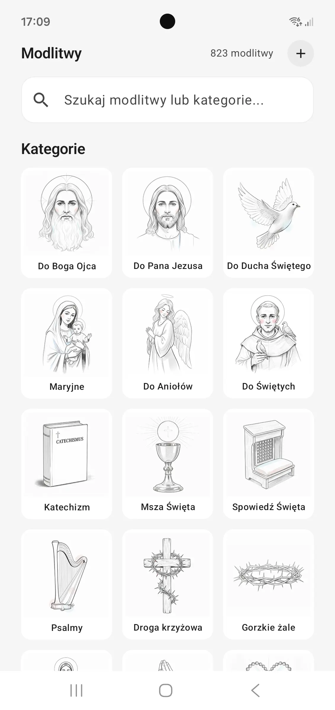 Widok kategorii modlitw z artystycznymi ilustracjami, m.in. do Boga Ojca, Pana Jezusa i Ducha Świętego