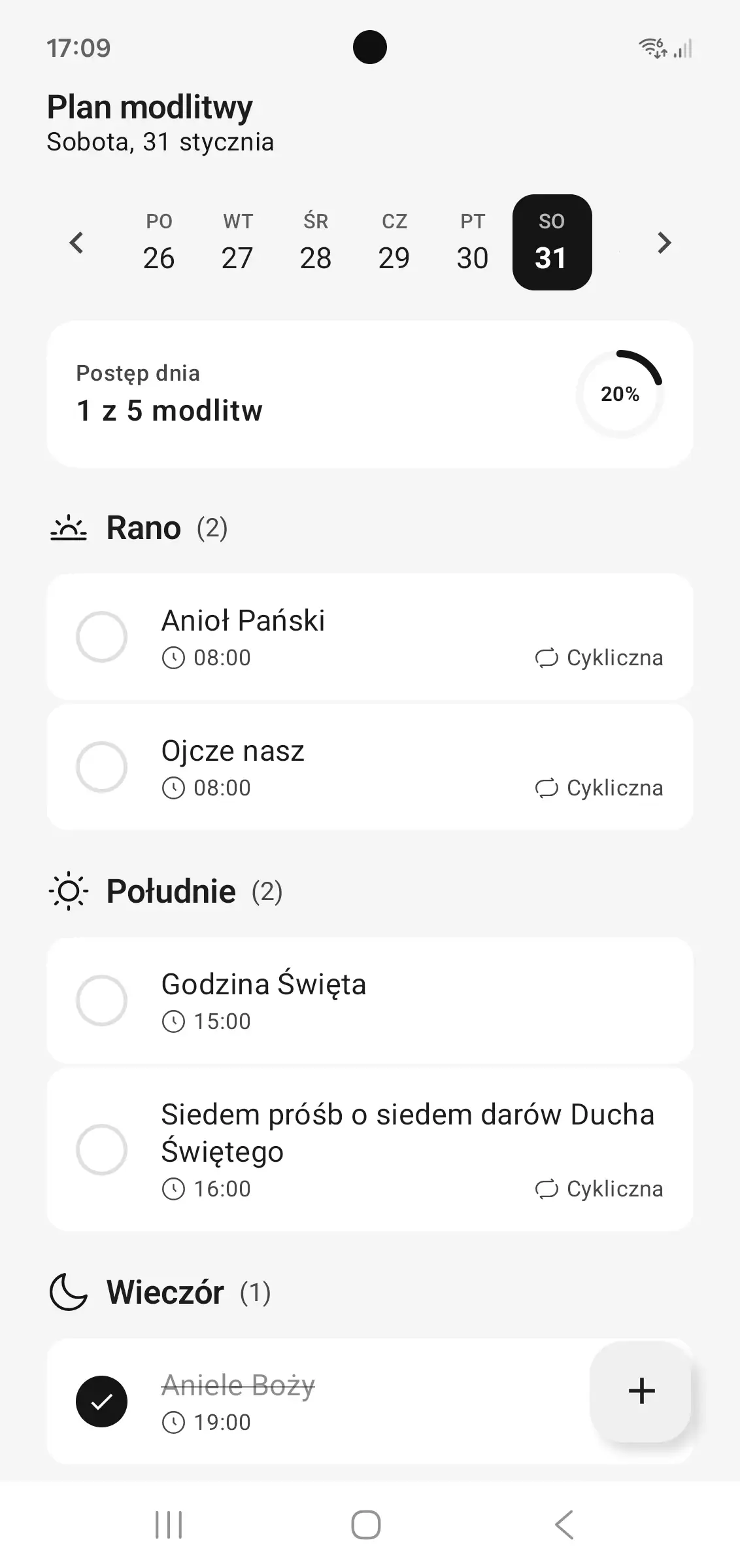 Widok planu dnia z harmonogramem modlitw na rano, południe i wieczór