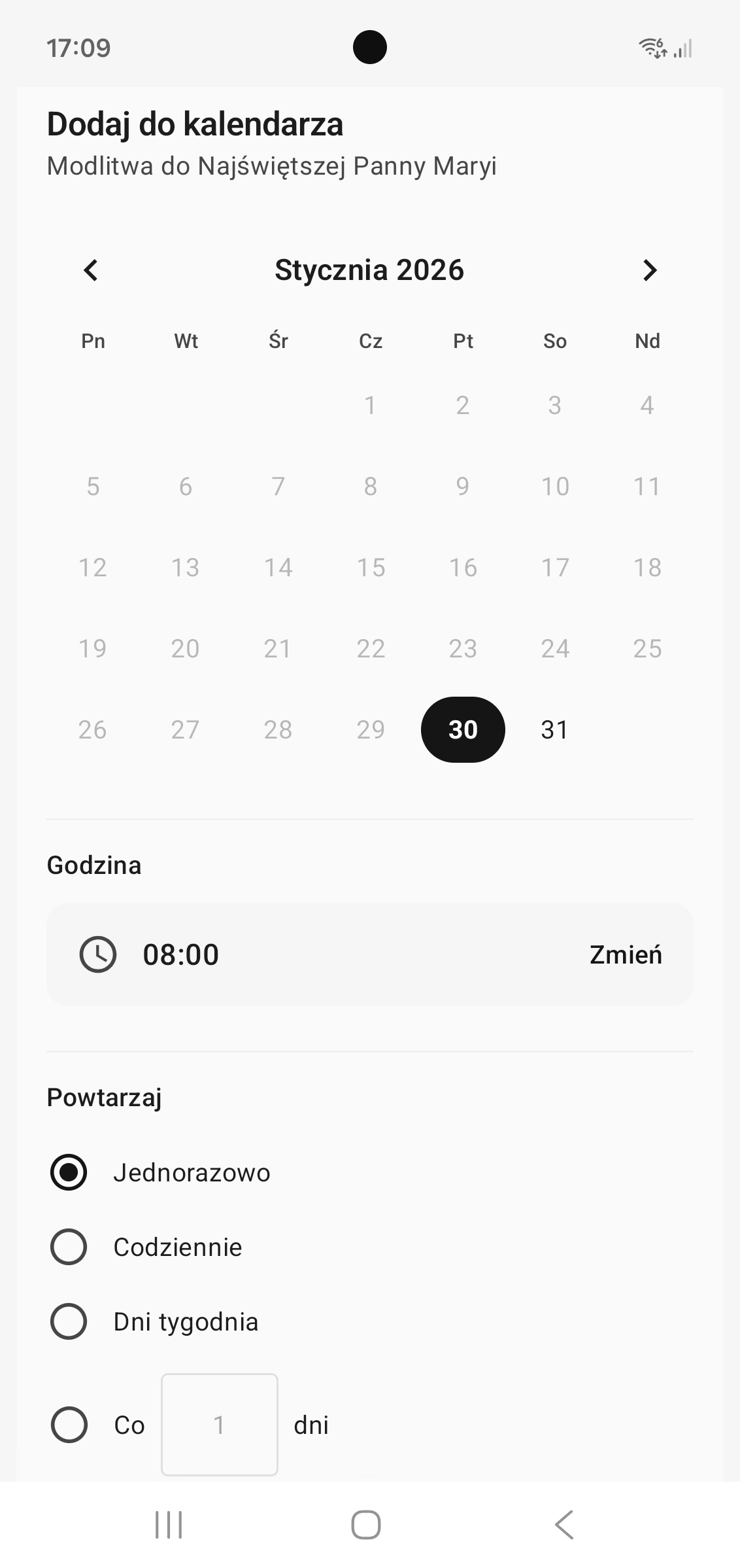Ekran dodawania modlitwy do kalendarza z wyborem daty, godziny i opcją powtarzania